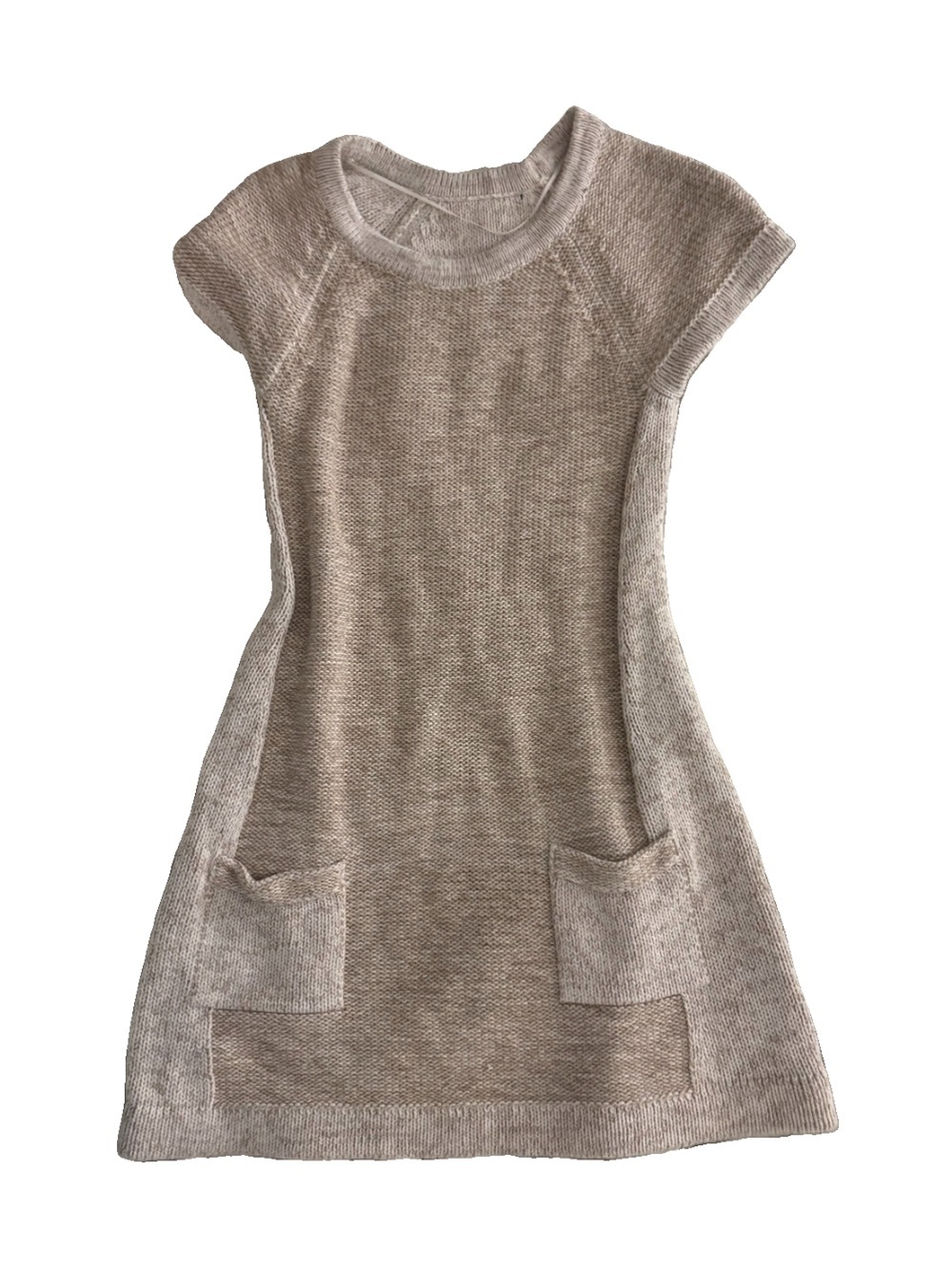 Knit Short-Sleeve Pocket Mini Sweater Dress in Light Taupe/Beige/Cream